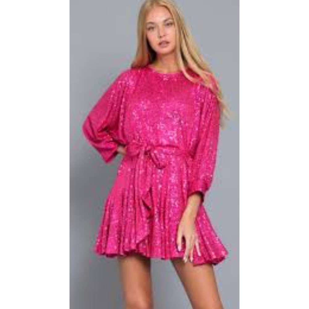 Aakaa Womens Pink Sequin Tie Waist Mini Dress 3/4‎ Party Cocktail NWT (24)